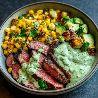 Steak Avocado Roasted Corn Bowl with Cilantro Cream Sauce