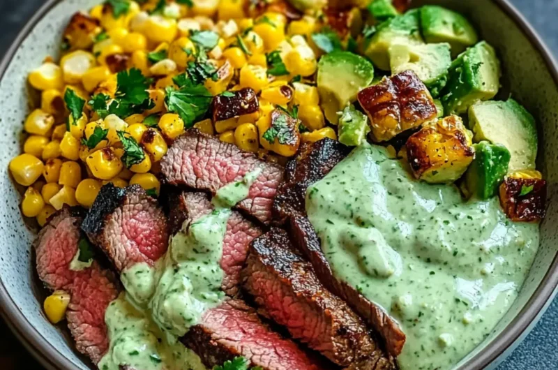 Steak Avocado Roasted Corn Bowl with Cilantro Cream Sauce